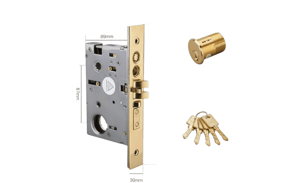 American-style mortise lock with durable brass and stainless steel components.